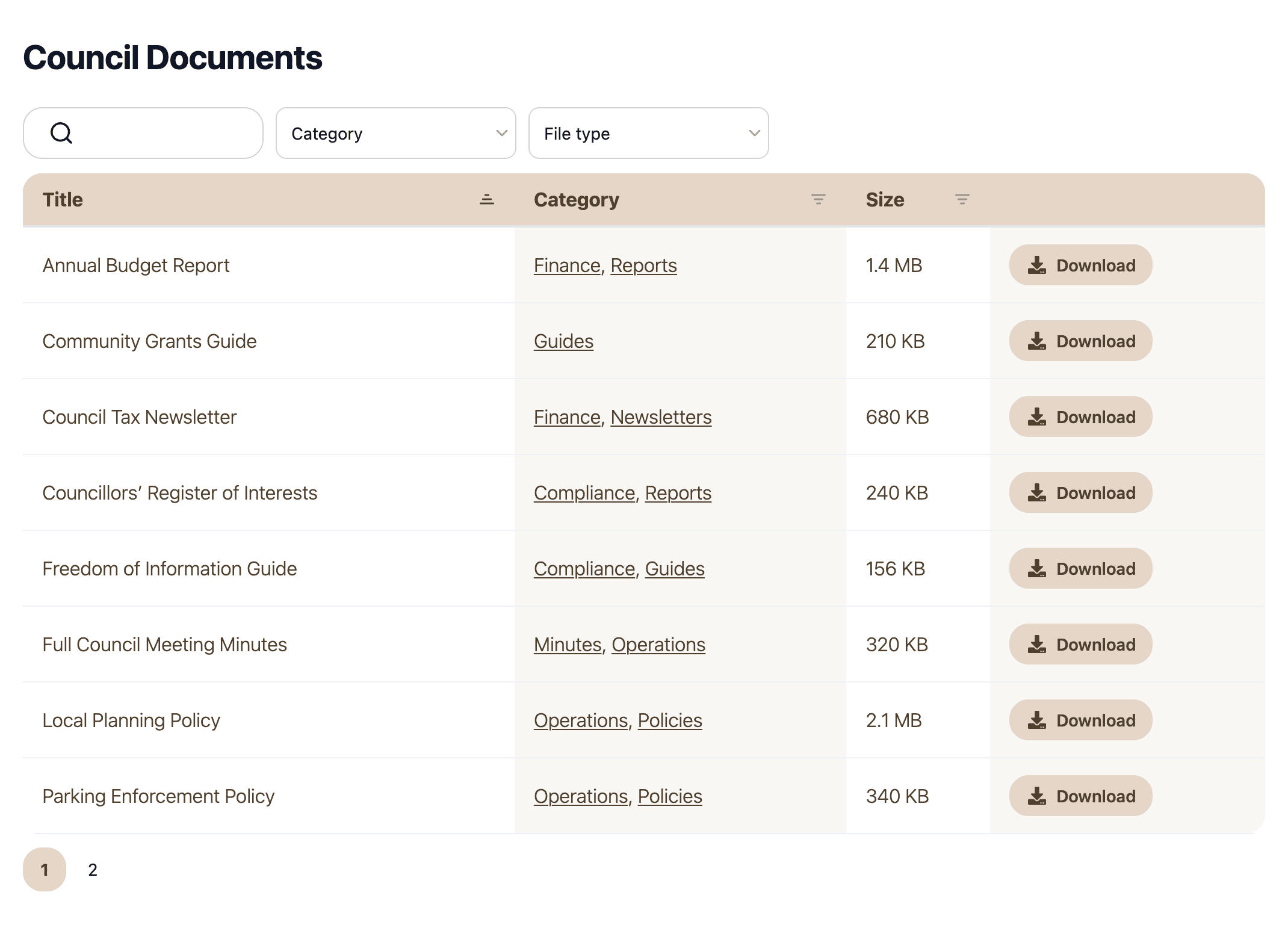Council document library front end as a filterable table