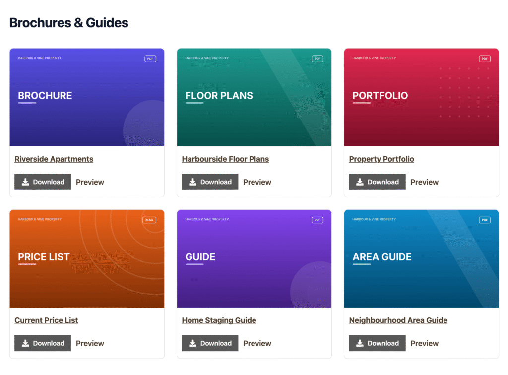 Document Library Pro front-end: creative brochure library, dark card grid