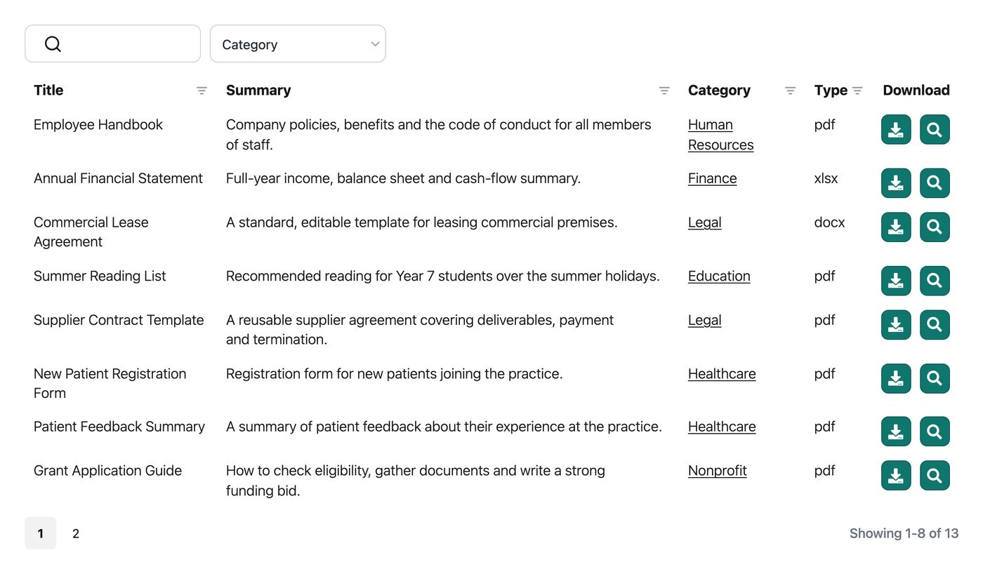 Document Library Pro table layout showing a searchable PDF library with a search box, category filter and download buttons