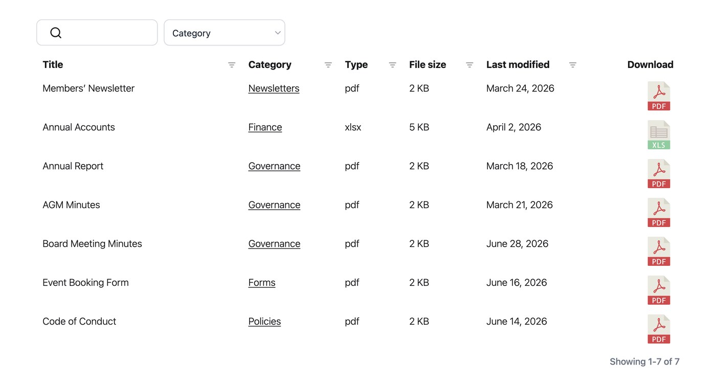 HOA document library with governance records, meeting minutes and financial documents