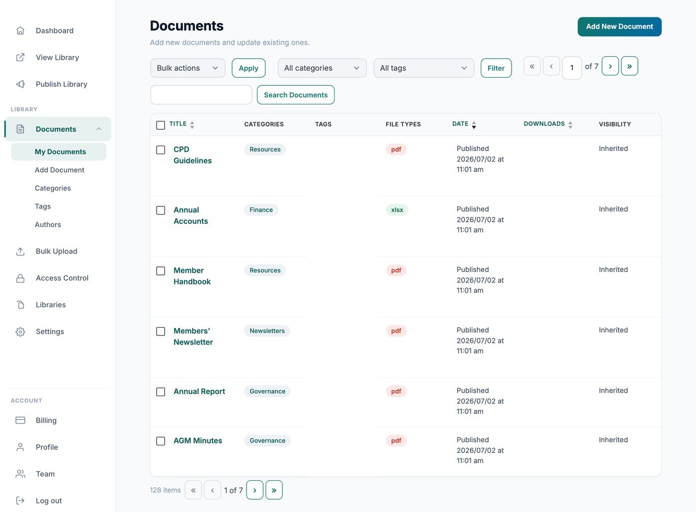 SOPs organized with categories and tags in the Document Library Pro admin