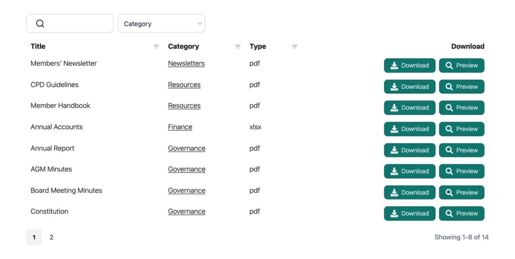 Membership association document library with categorized governance documents and download and preview buttons