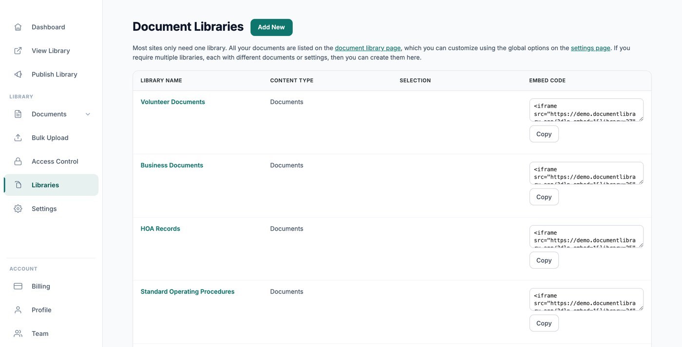 Multiple document libraries each with its own embed code