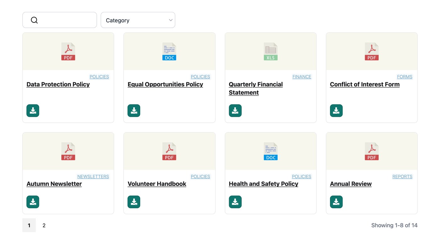 Nonprofit document library in a grid layout with file type icons for each download