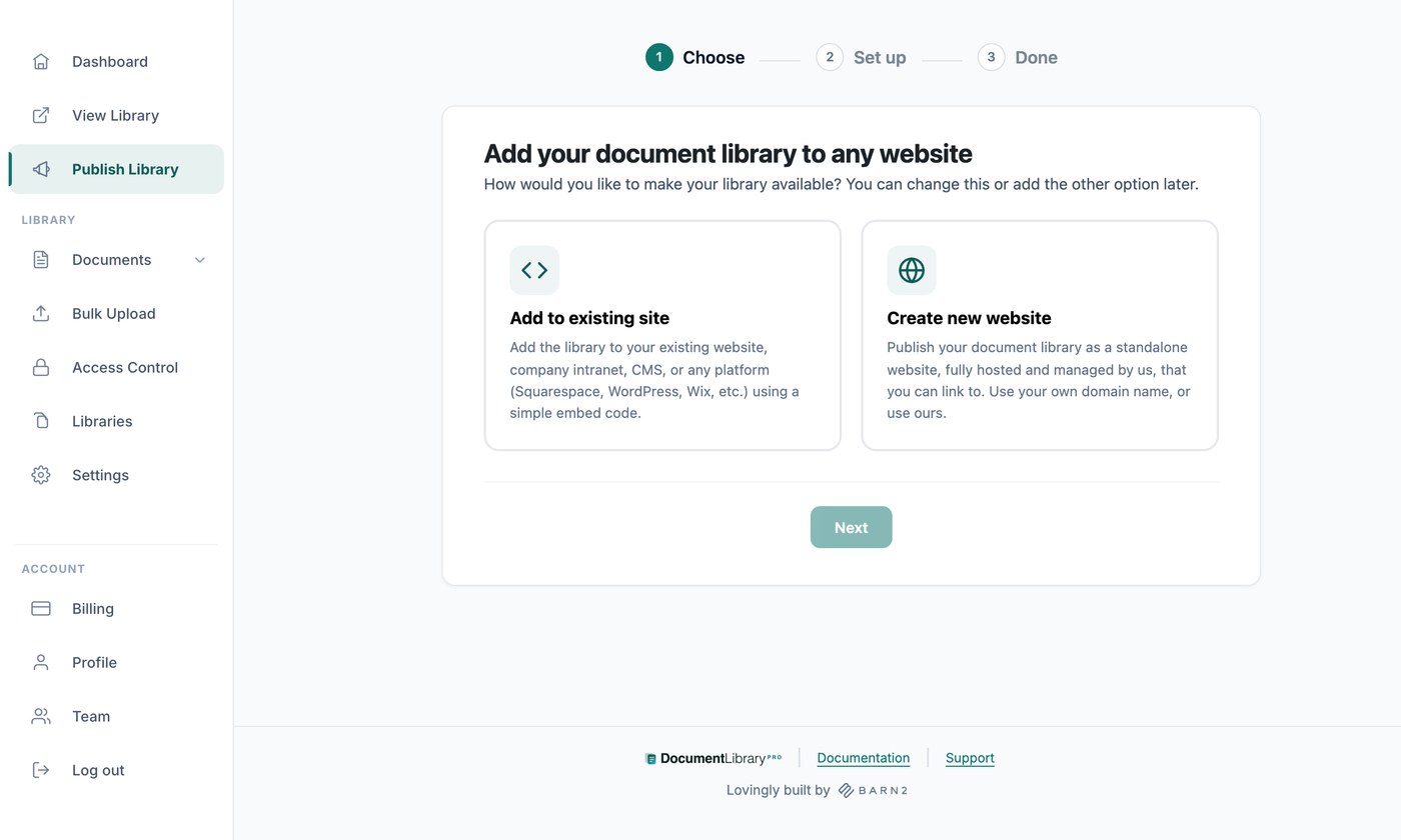Publishing a cloud document library to any website with an embed code or hosted page