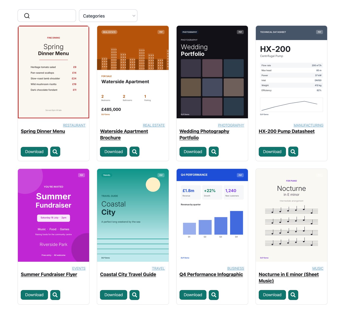 Resource library grid layout with cover images for each guide and report
