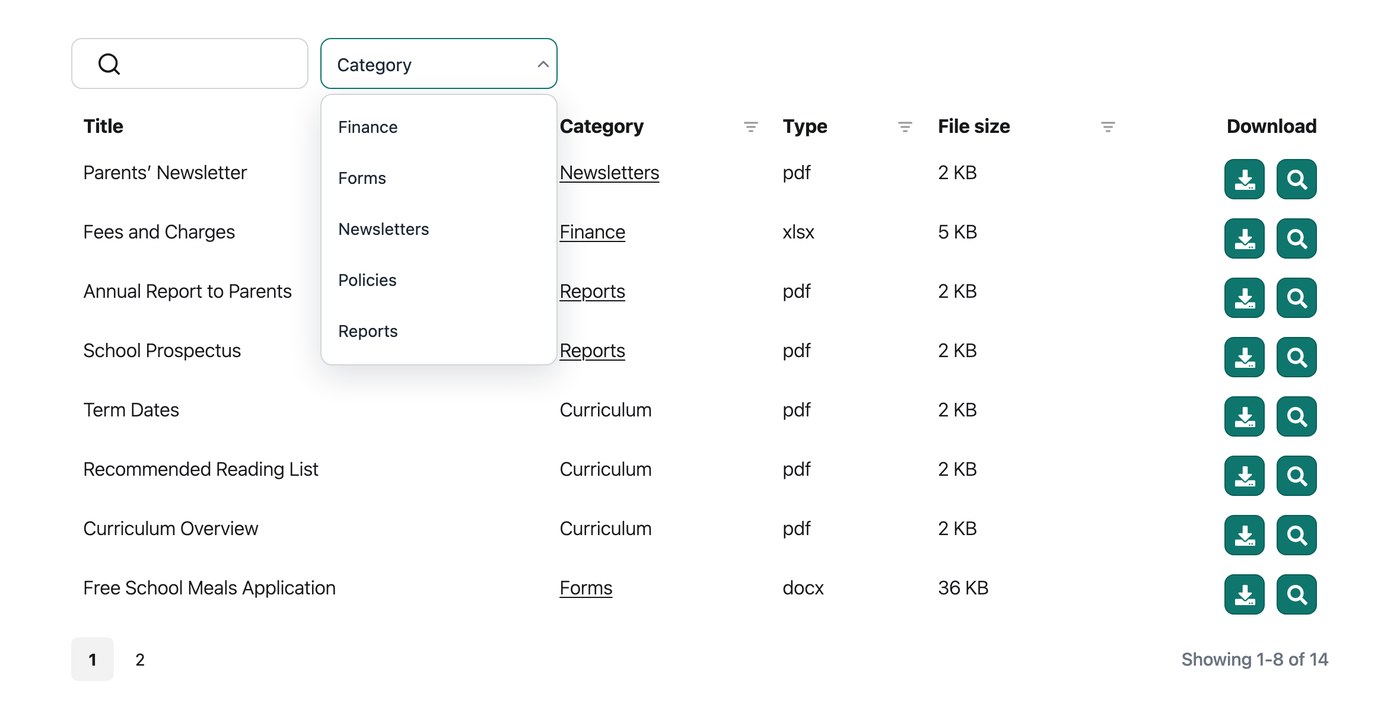 Filtering a school document library by category to find policies and forms