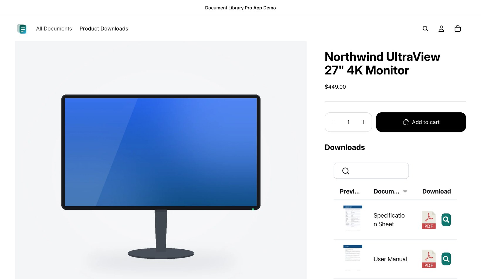 Document library on a Shopify product page showing the product's datasheets and manuals with previews and PDF downloads