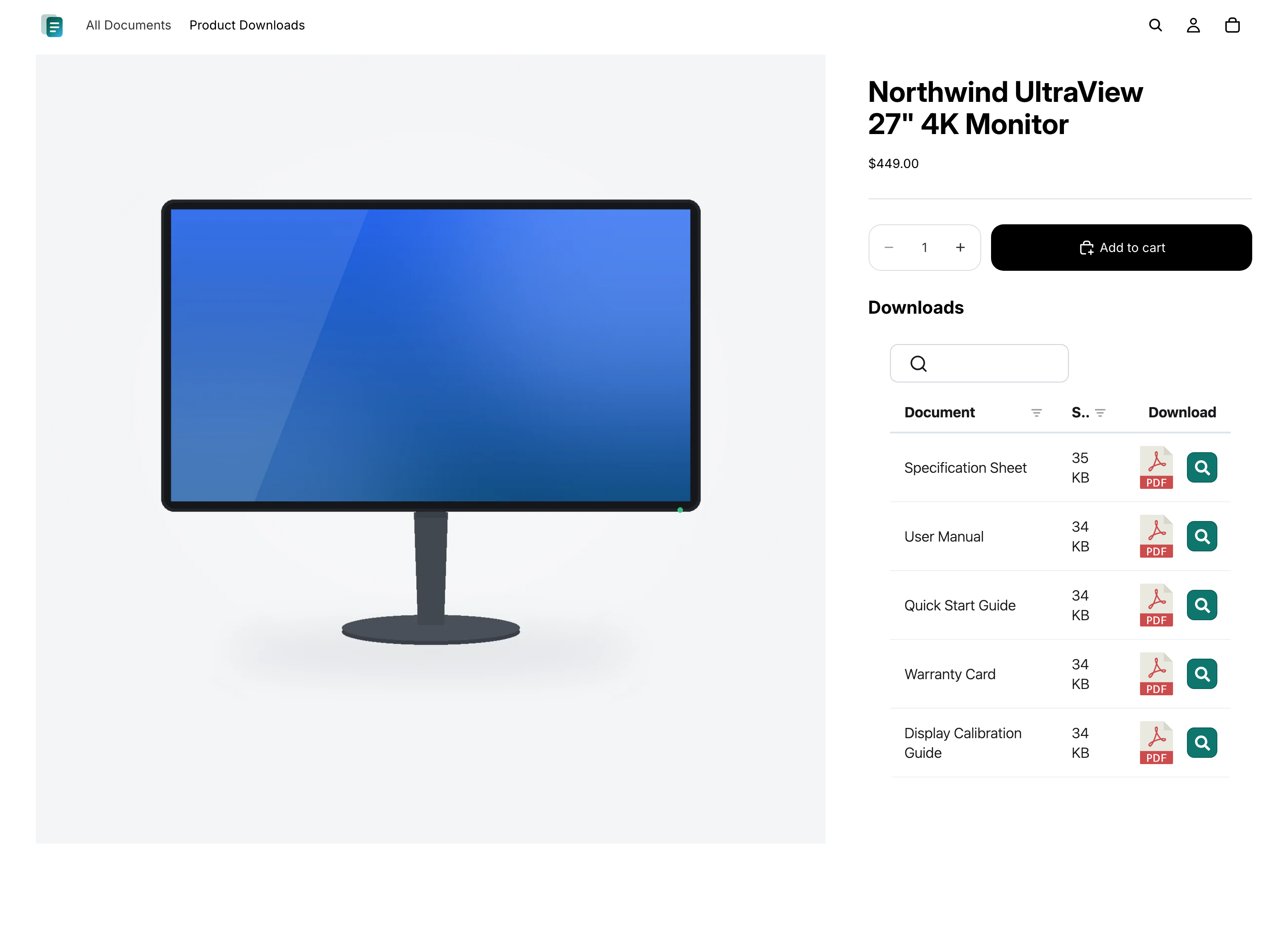 Document library of spec sheets and manuals shown on a Shopify product page for a 4K monitor