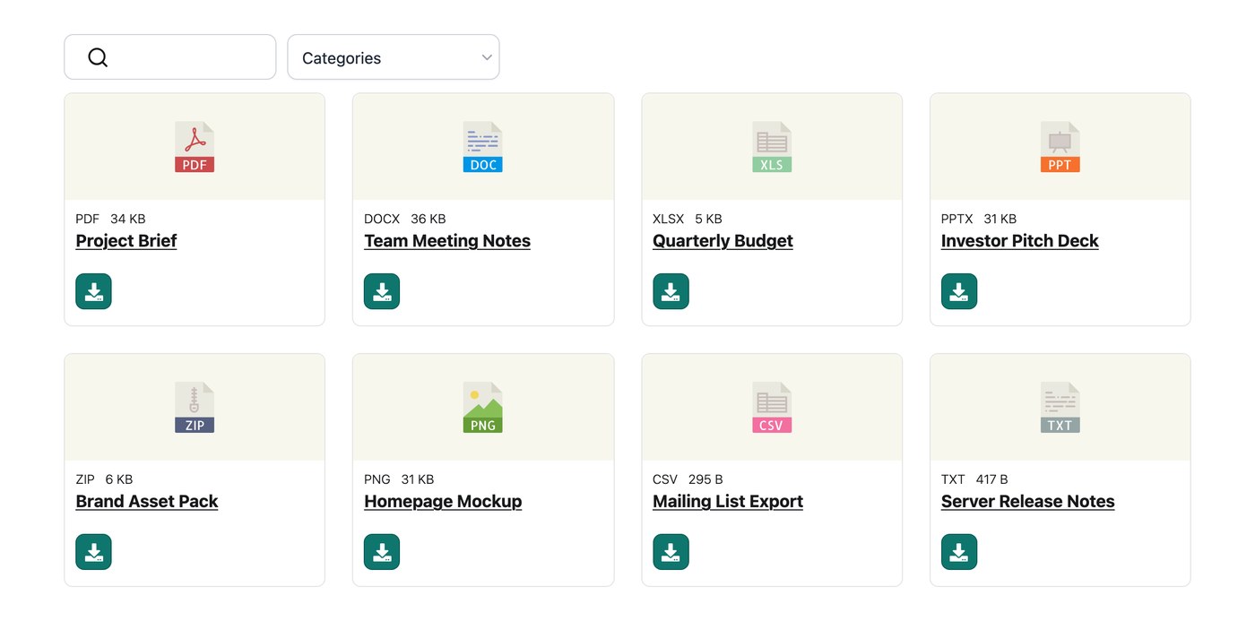 Small business documents in a grid layout showing file types and sizes