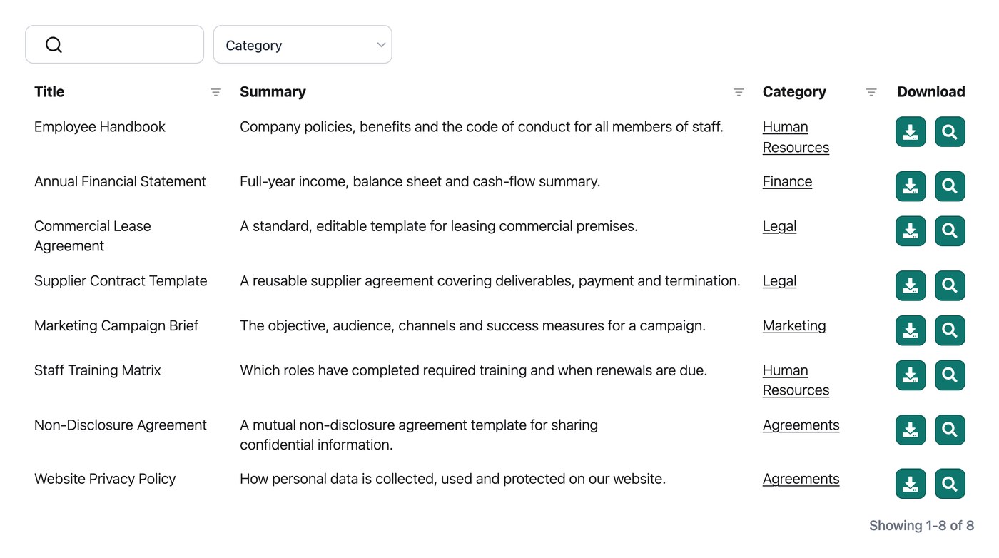 Small business document management library with summaries and categories for client-facing files