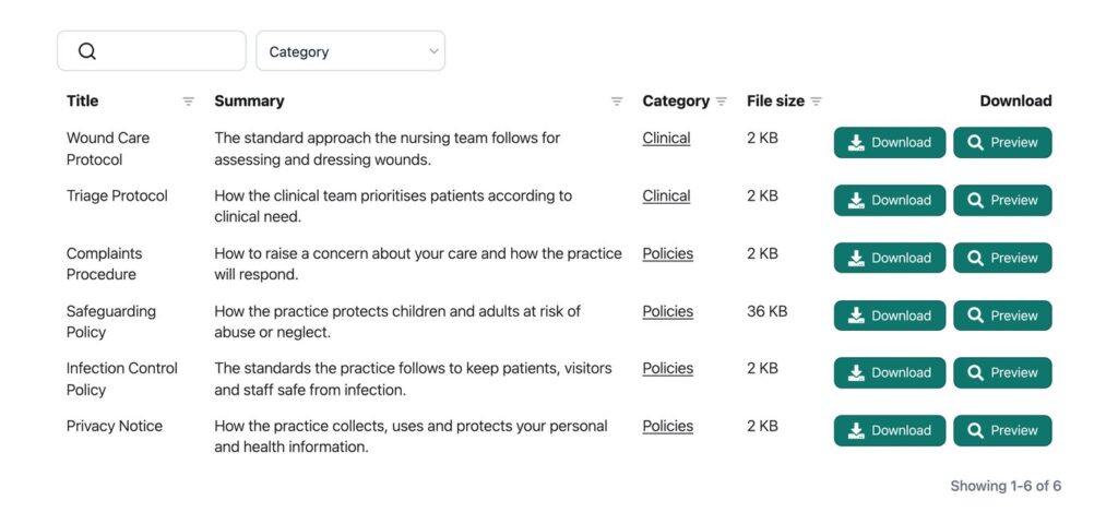 SOP library with searchable procedures, summaries and download buttons