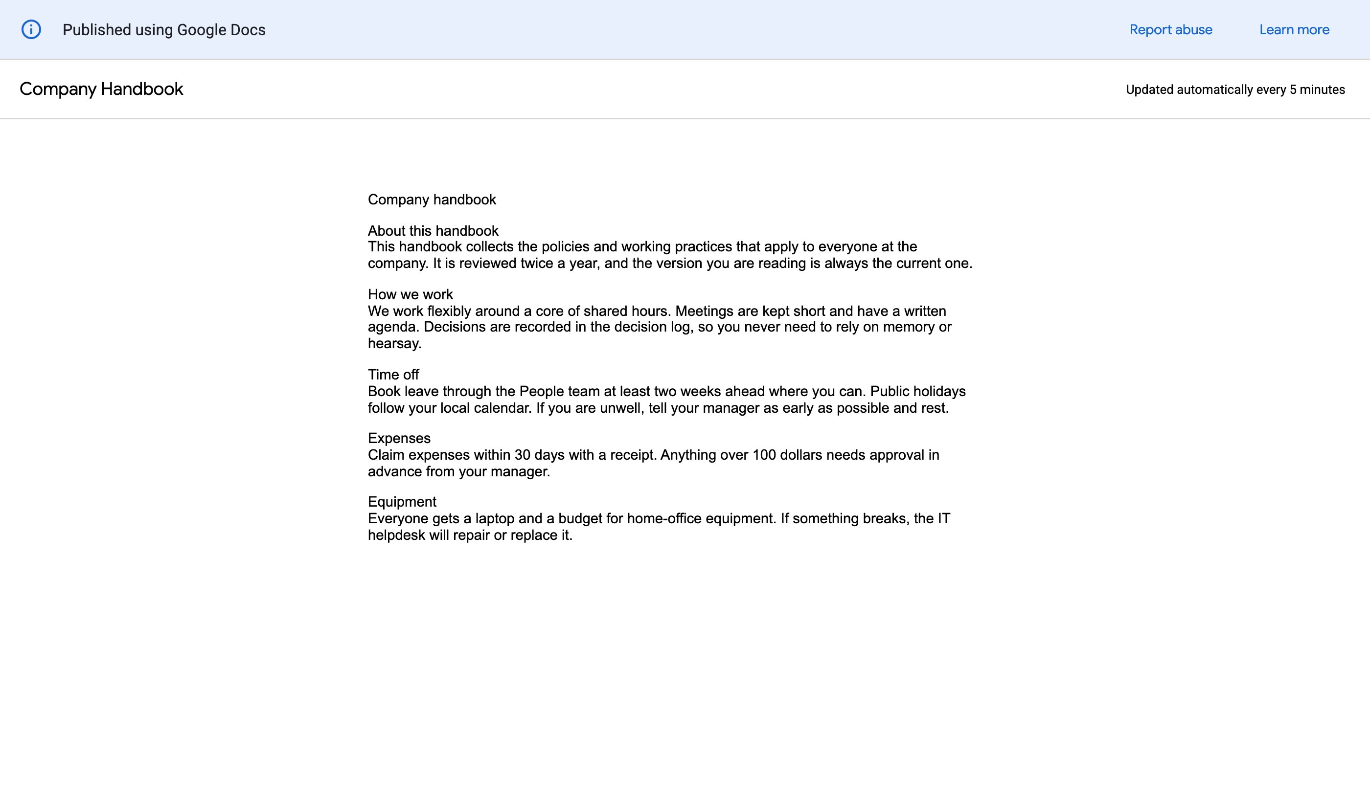 Google Doc embedded on a website using the Publish to web embed code