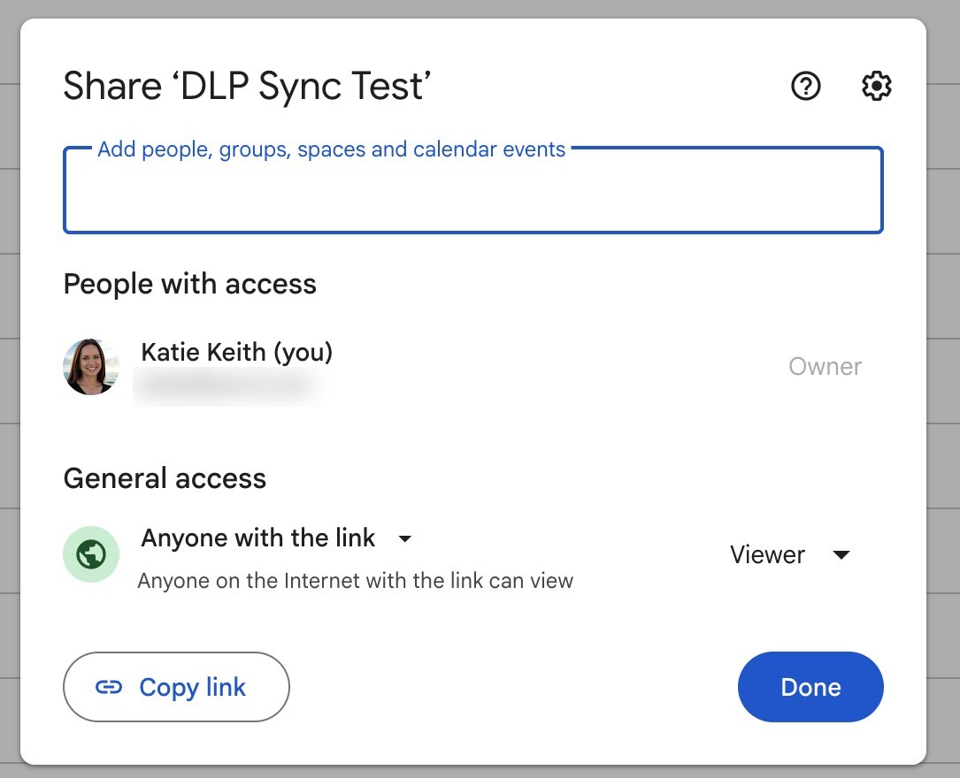 Google Drive share dialog with general access set to anyone with the link before copying the embed link