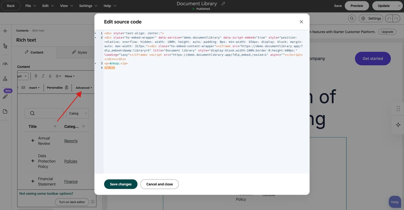 A red arrow pointing to the Advanced button in the HubSpot Rich text toolbar, with the Edit source code window open showing the max-width value
