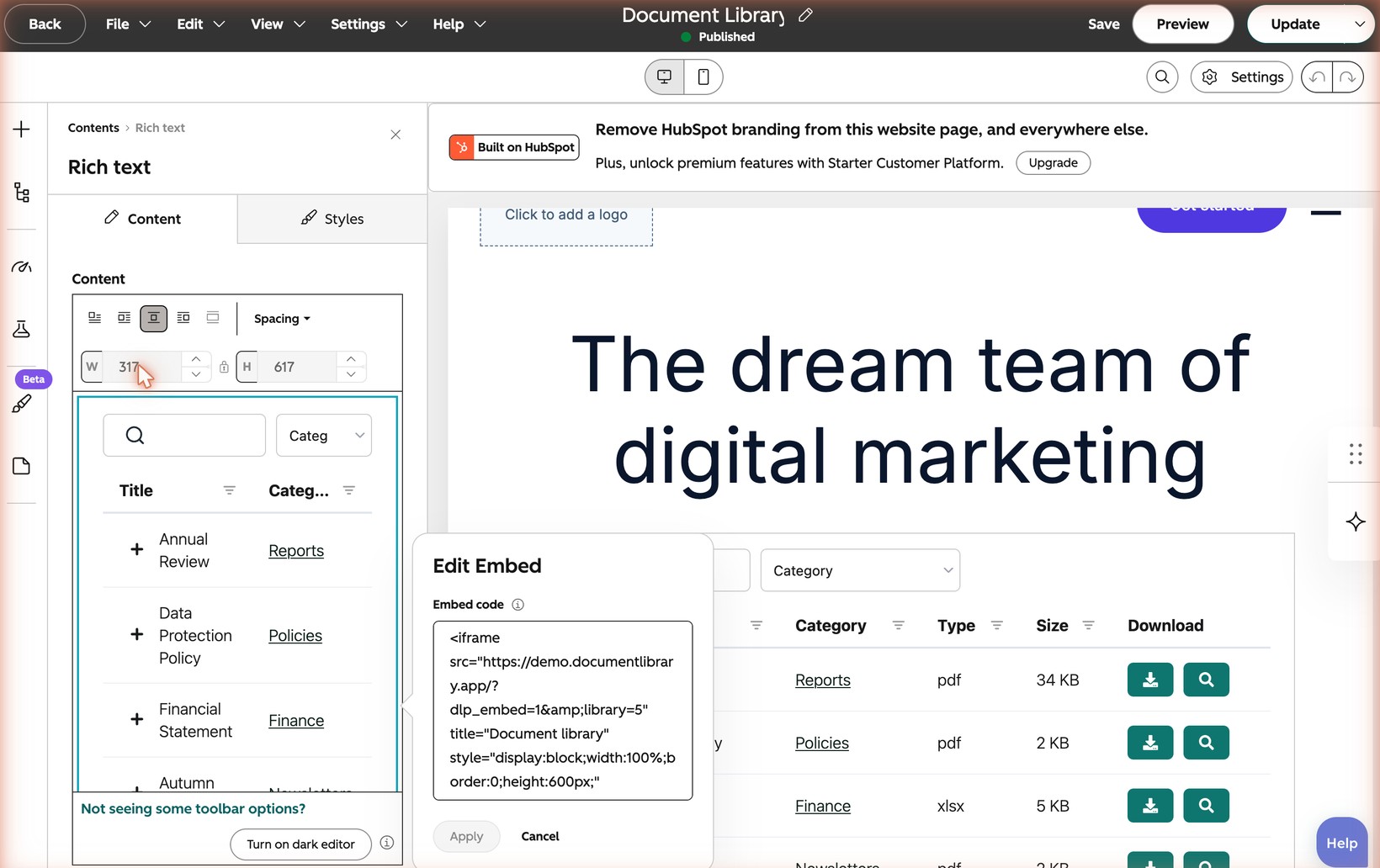 The HubSpot Edit Embed window showing the document library embed code and the width box set to 317 pixels