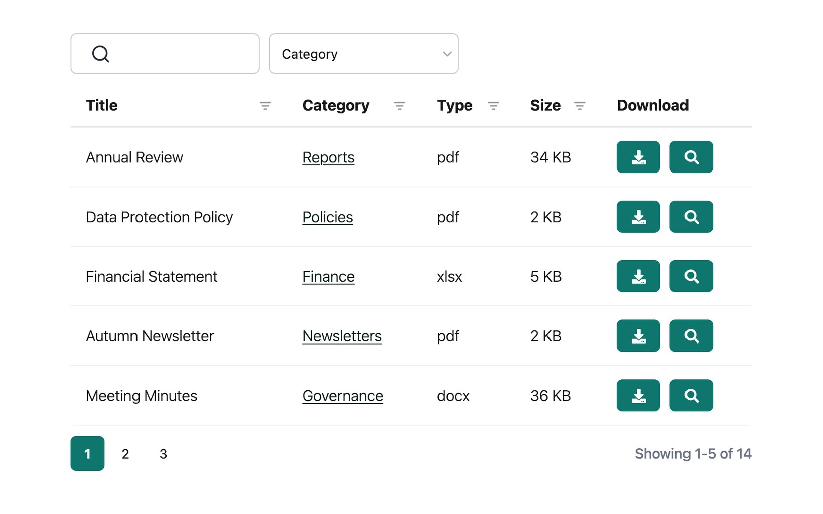 Document Library Pro on a MemberClicks page, showing a search box, category filter, sortable columns and download buttons