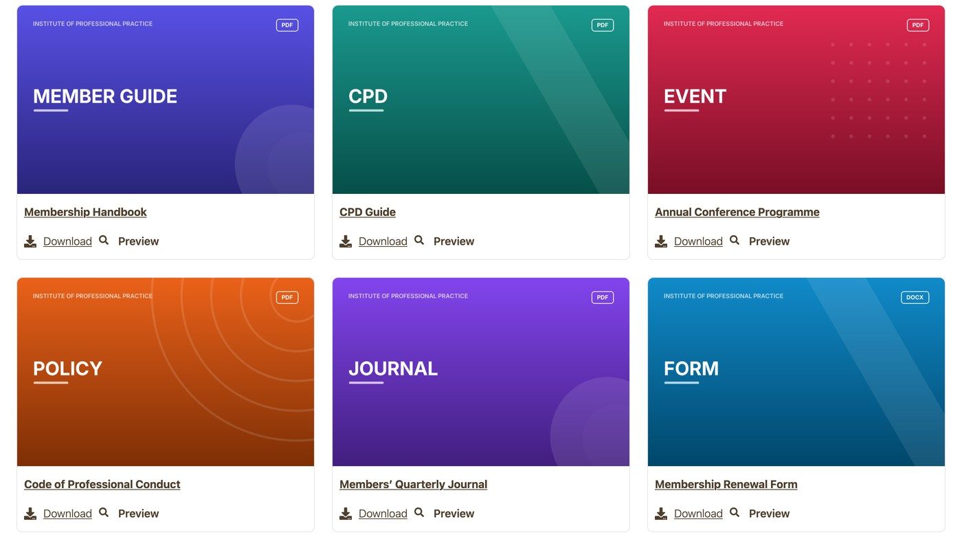 A document library in grid layout showing association documents as cards, each with a download and preview link