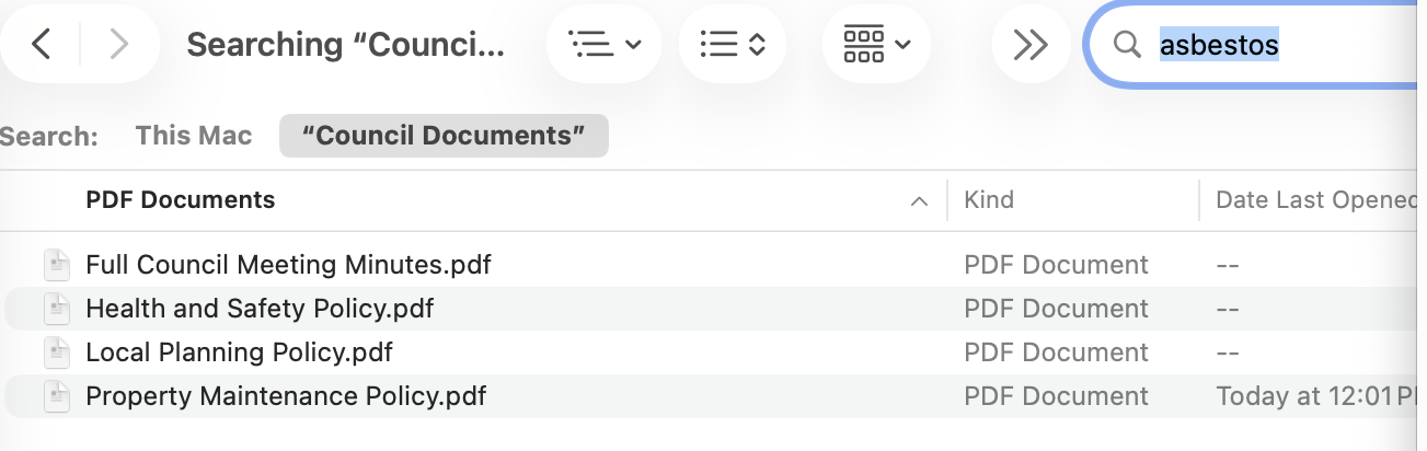 Finder searching inside Council Documents for asbestos and showing four matching PDF files