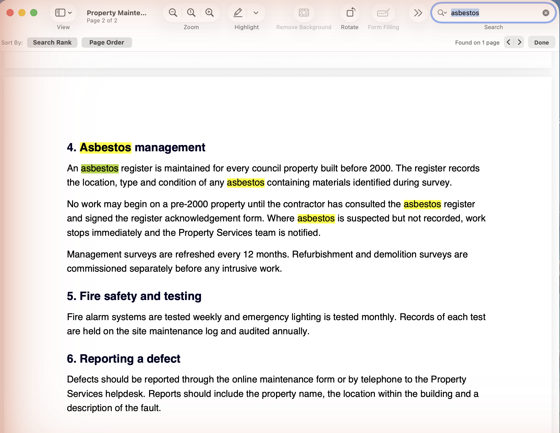 Preview showing a PDF search for asbestos with yellow highlights and a one-page match counter
