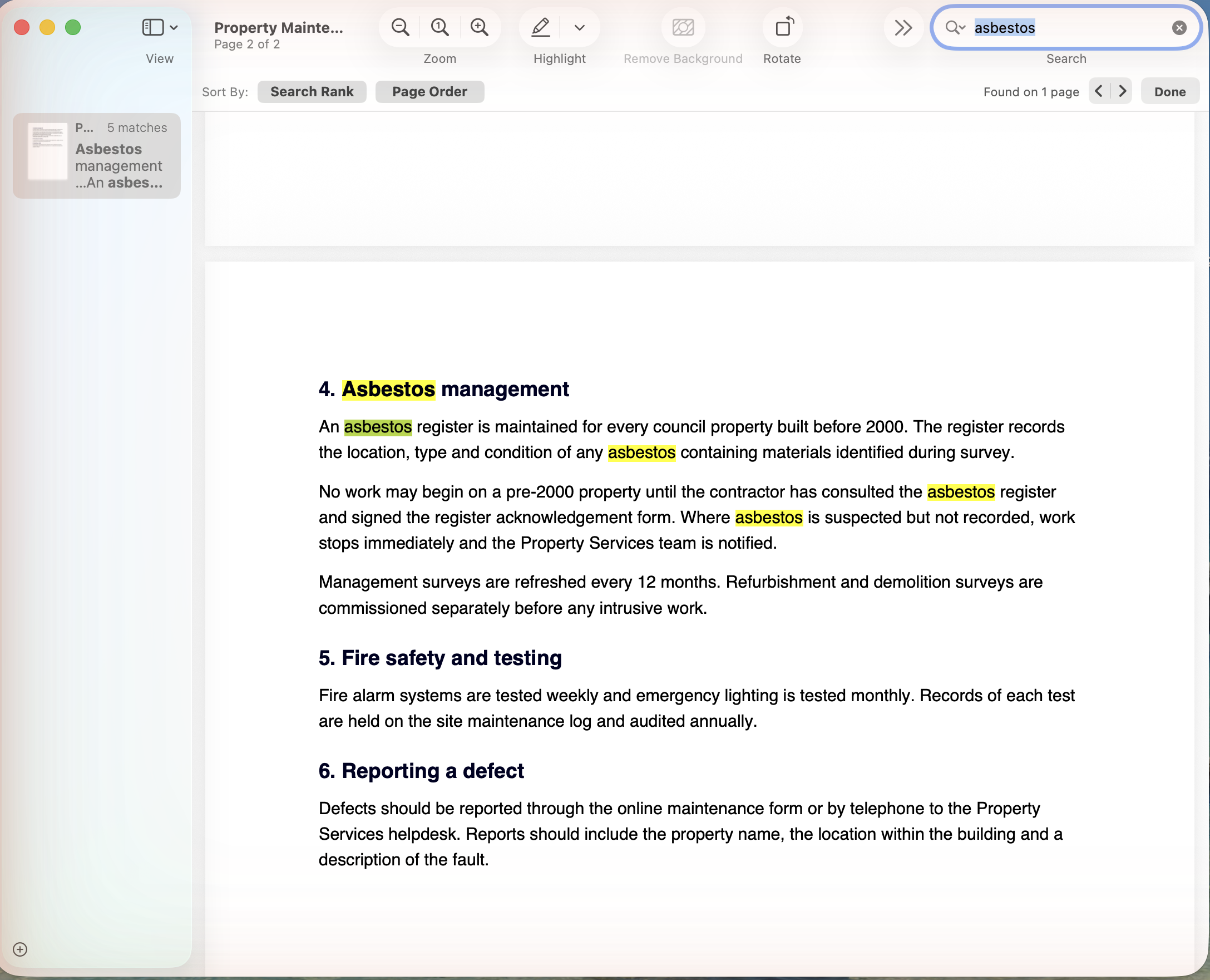 Preview showing a search for asbestos with matches and yellow highlights in a council policy PDF