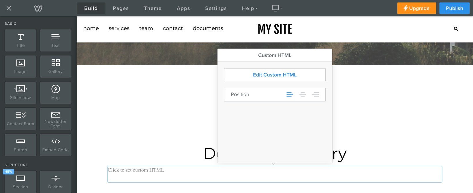 The Weebly editor with an Embed Code element selected and the Custom HTML panel open, showing the Edit Custom HTML button