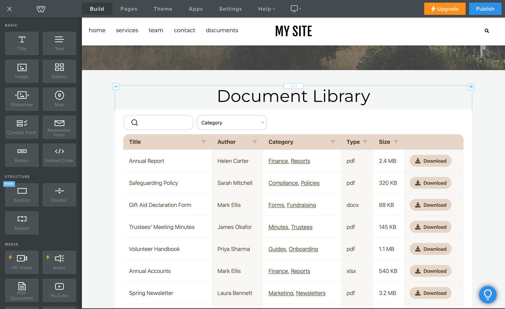 A Document Library Pro library rendering inside the Weebly editor, with a search box, category filter and sortable Title, Author, Category, Type and Size columns