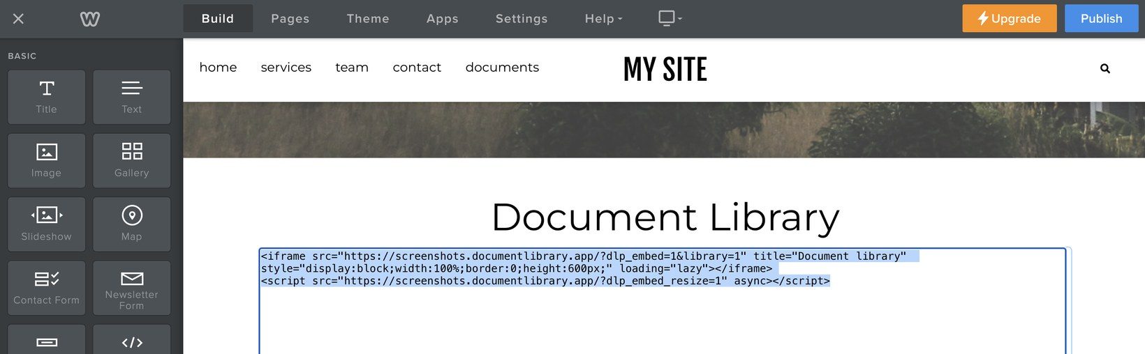 The Weebly Edit Custom HTML window with the two-line Document Library Pro embed code pasted in