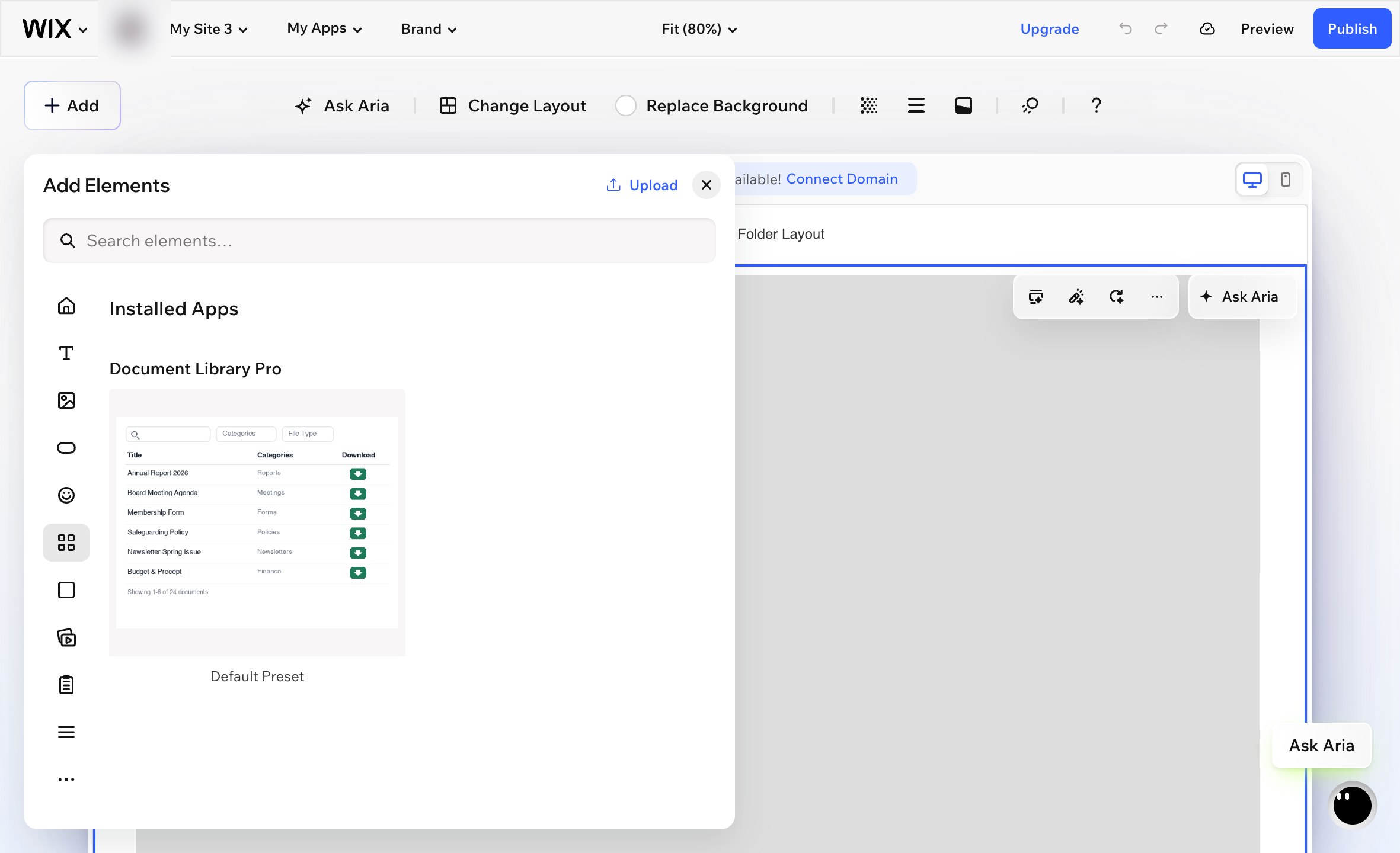 Adding the Document Library Pro widget from the Installed Apps section in the Wix editor