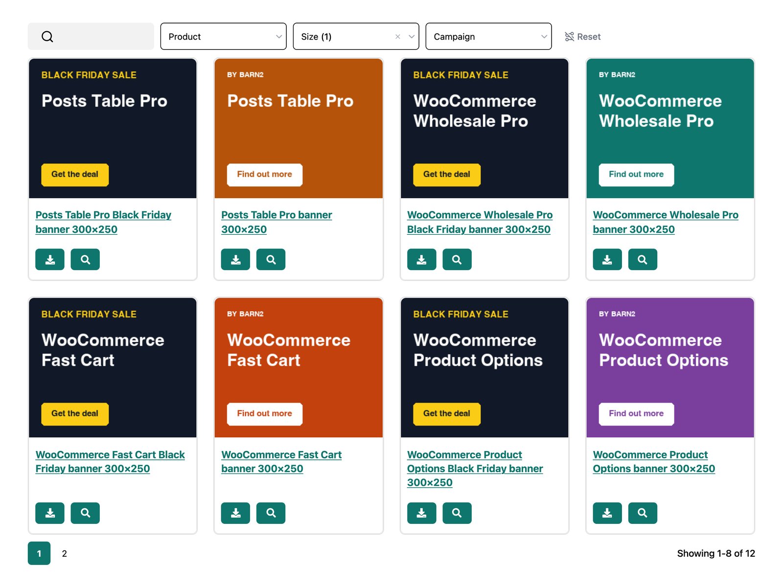 A recreation of an affiliate resources library showing banner images in a grid, filtered by product, size and campaign