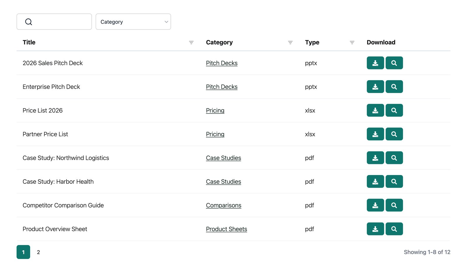 A document library of sales resources including pitch decks, price lists and case studies, with search and a category filter