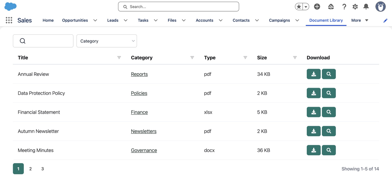 A searchable document library shown as a Document Library tab in the Salesforce Sales app