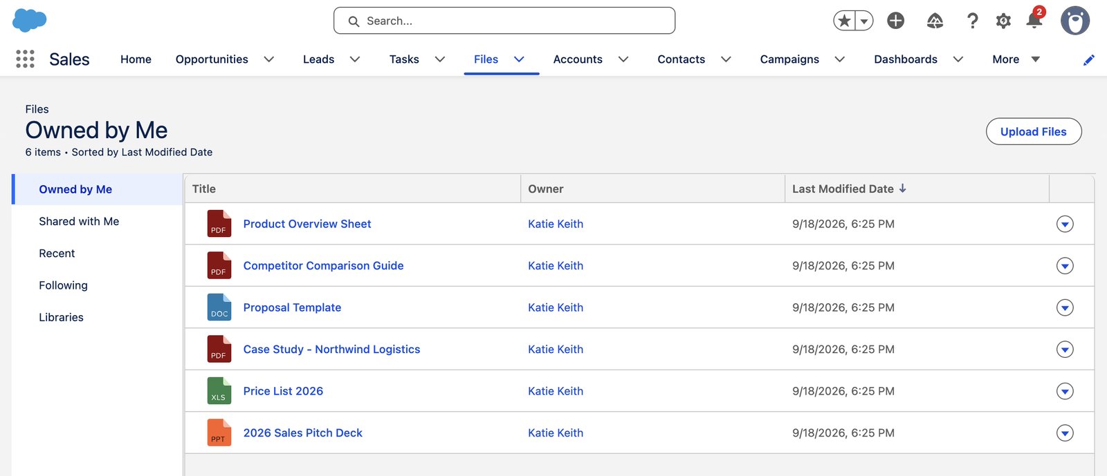 The Salesforce Files page listing a sales pitch deck, price list, case study and other files, with Libraries in the left menu