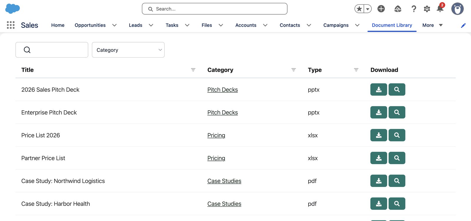 A searchable library of pitch decks, price lists and case studies shown as a Document Library tab in the Salesforce Sales app
