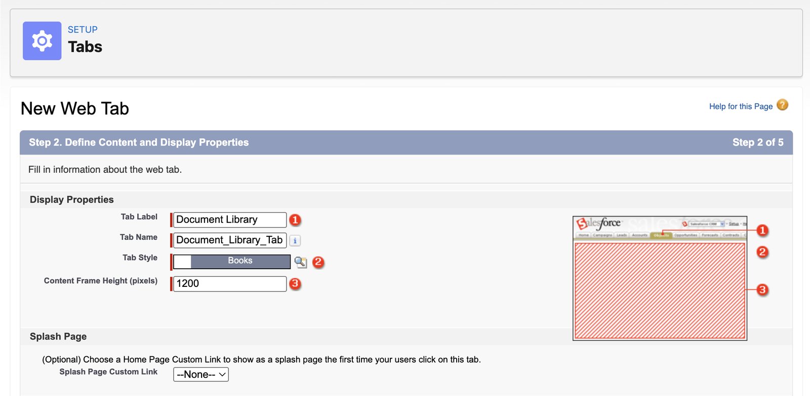 The Salesforce New Web Tab screen with the tab label, tab style and a content frame height of 1200 pixels filled in