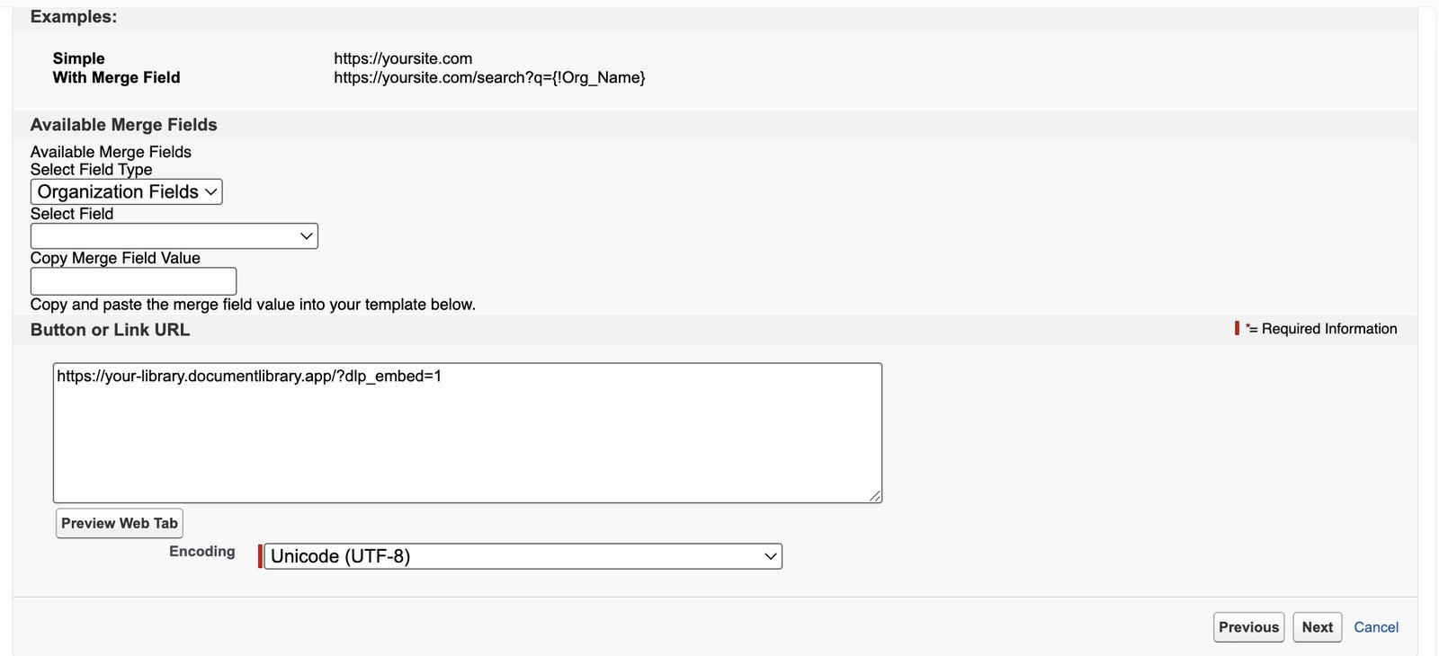 The Button or Link URL box in the Salesforce New Web Tab screen with a document library address pasted in